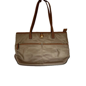 MICHAEL KORS KEMPTON nylon & leather tote purse bag brown/tan zipper